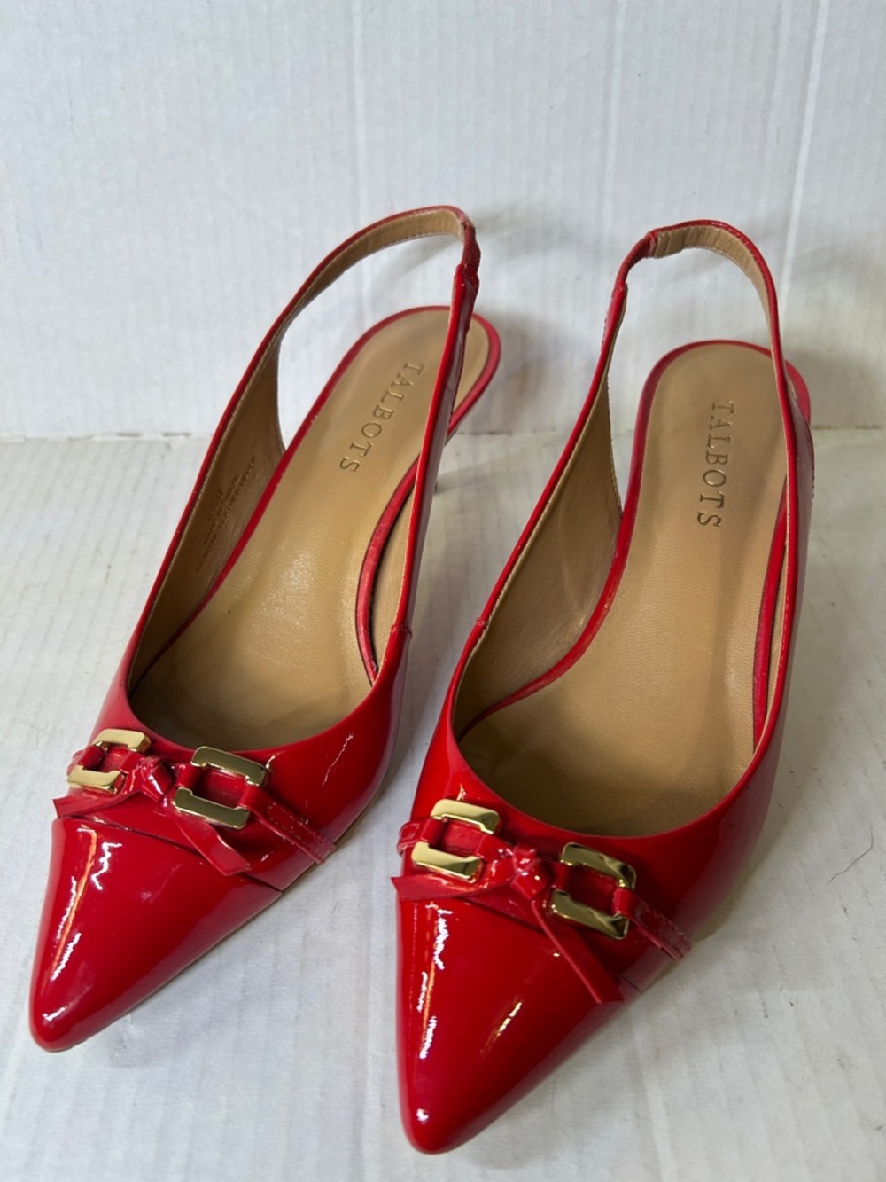 Talbots Red Patent Leather Slingback Heels with Gold Buckles